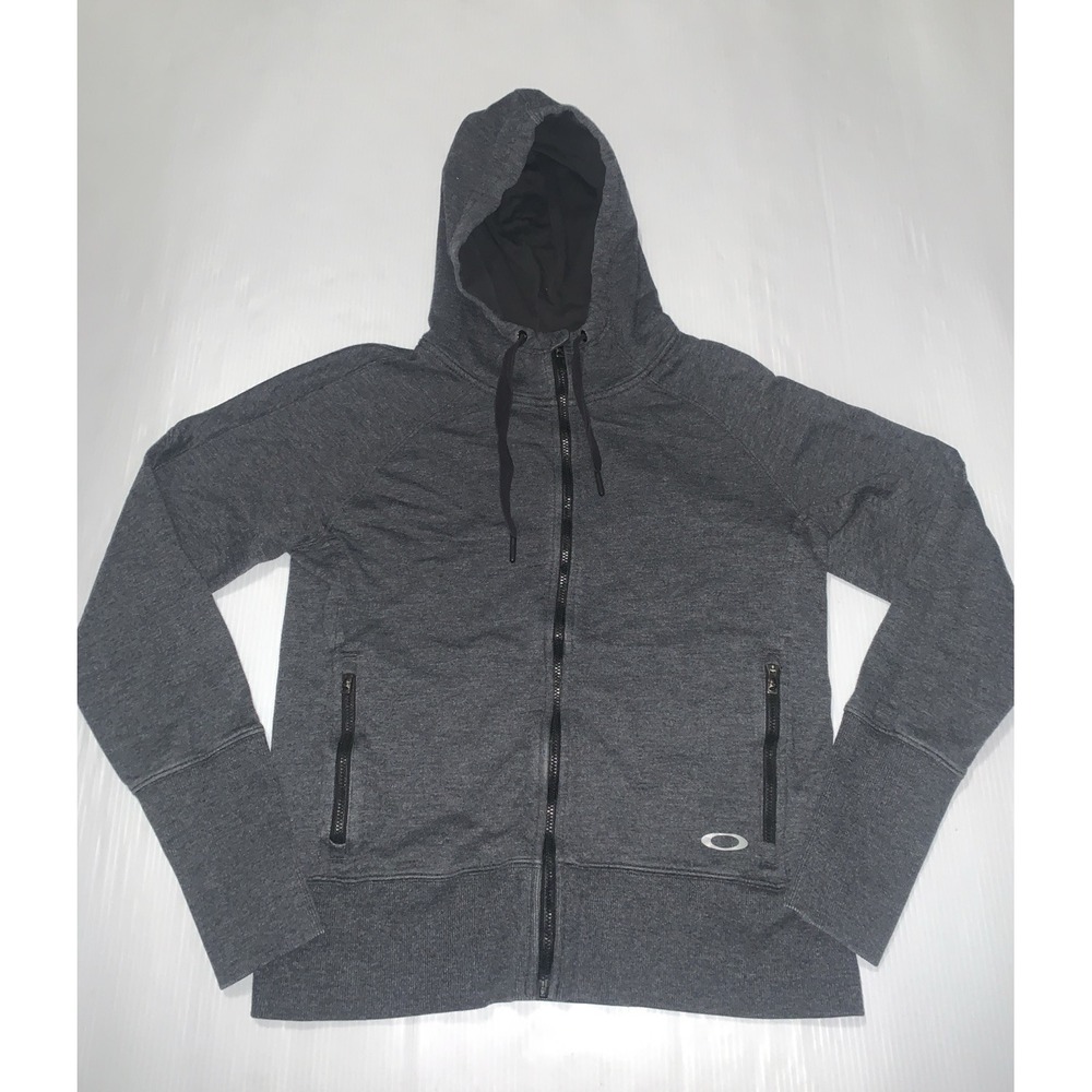 Oakley Full Zip Hooded Jacket Sweatshirt Womens Size L Dark Gray Thumb Holes